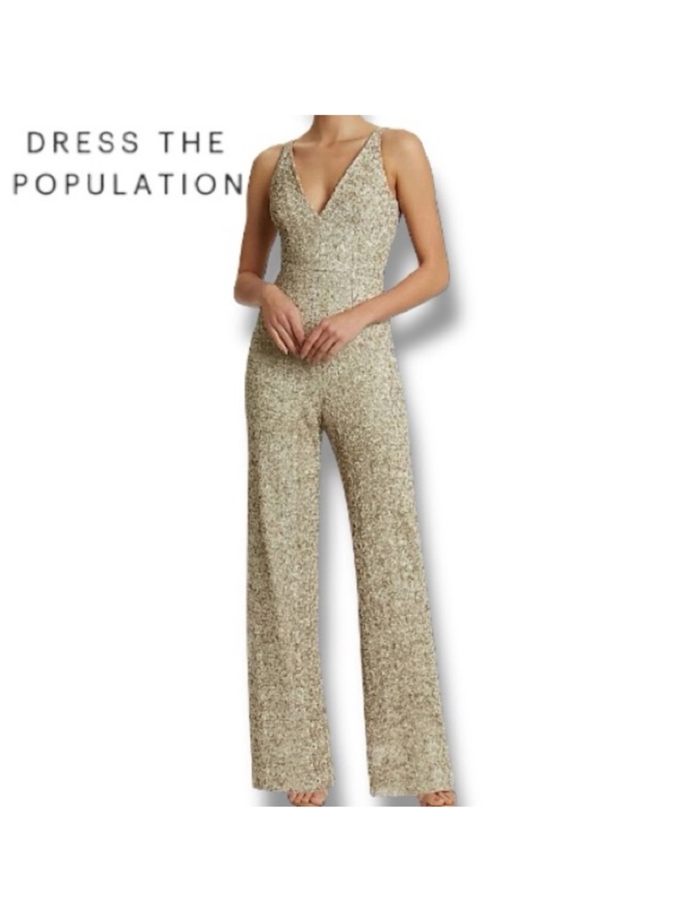 Dress the Population Cream/Gold Sequin Sleeveless V-Neck Wide-Leg Jumpsuit